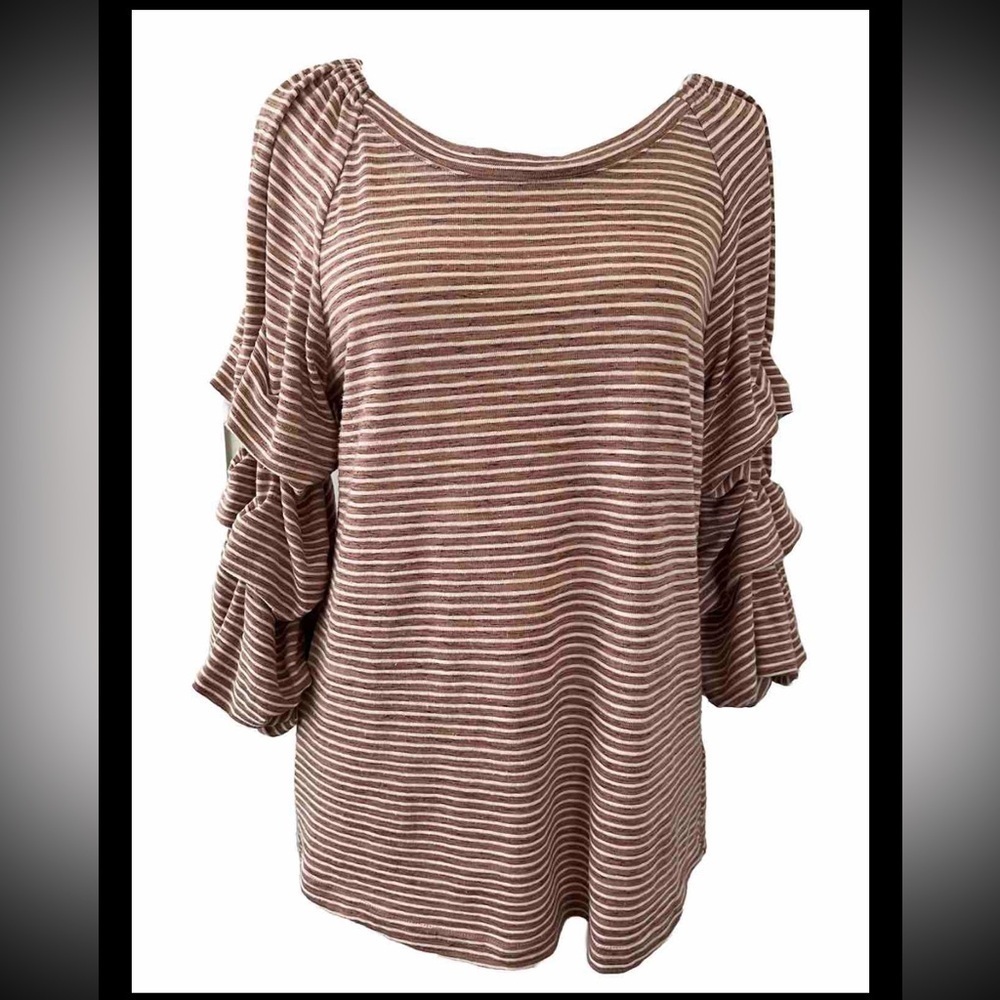 Skies Are Blue Mauve Striped Billowing Sleeve Ribbon Top Size Small